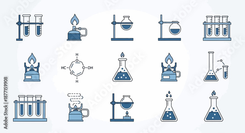 Illustration showcasing various laboratory equipment and chemical structures in a blue hue color