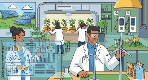 Innovative Sustainable Energy Solutions in Modern Laboratory Environment Illustration