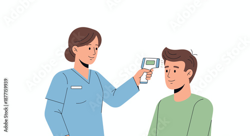 Nurse checking the temperature of a man with a contactless thermometer device for health screening