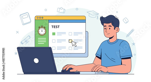 Student diligently taking an online test on his laptop in a comfortable learning environment