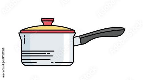 Simple illustration of a silver cooking pot with a bright red lid and a long black handle isolated on a white background.