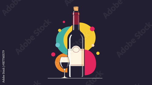 Stylized graphic design featuring a bottle of red wine and a half-full glass set against colorful abstract circular shapes.