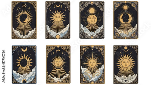 Mystical Sun and Moon Celestial Tarot Cards Collection Esoteric Astrological Designs with Vintage Gold and Black Art for Spiritual Guidance and Fortune Telling
