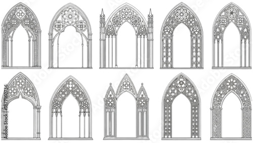 Gothic Architectural Arches Set Design Elements Vector Illustrations Collection