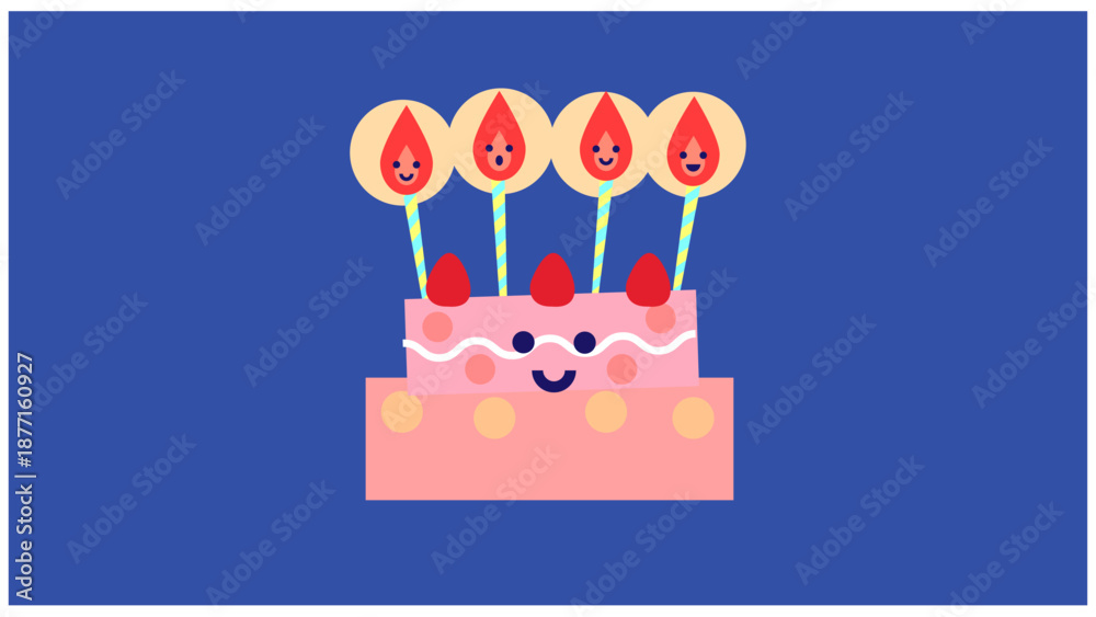 Obraz premium ろうそくが並んだピンクの誕生日ケーキのかわいいイラスト