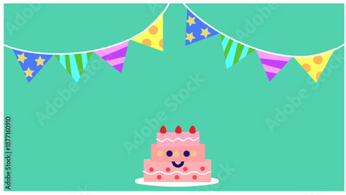 ガーランドと誕生日ケーキが並ぶパーティー背景のかわいいイラスト