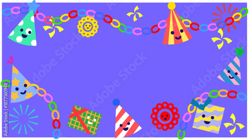 パーティー帽子と飾りが囲むカラフルなお祝い背景イラスト