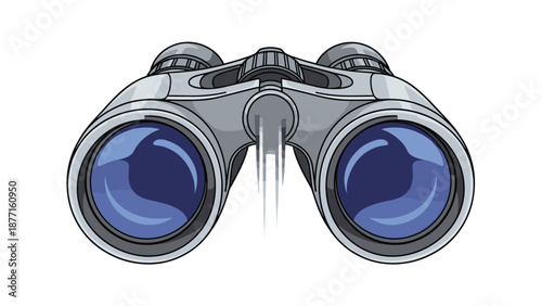 Modern gray binoculars with blue lenses and realistic shading used for bird watching, surveillance, and outdoor sightseeing.