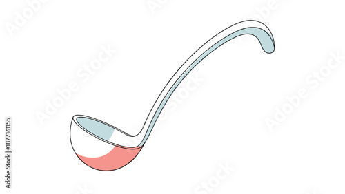 Long handled soup ladle with a pinkish red bowl and light blue handle used for serving broths and stews in a kitchen.