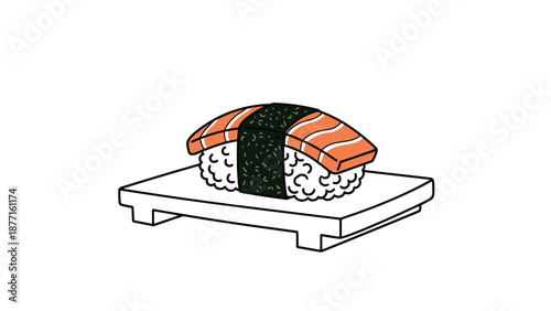 Traditional Japanese salmon nigiri sushi served on a wooden geta board with a band of seaweed for authentic dining themes.