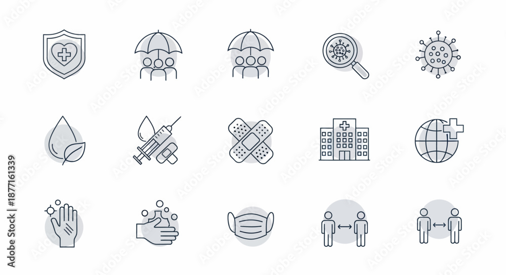 Fototapeta premium COVID-19 Protection and Prevention Icons Set - Shield, Insurance, Virus Search, Vaccine, Hospital, Global Health.
