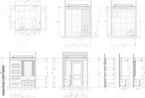 Residential Bathroom Interior Design with Urinal, Floor Plan, Elevation and Section Drawing