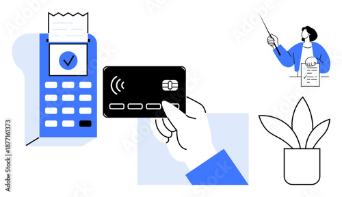 Hand holding credit card making contactless payment on POS terminal with receipt, person presenting bill, and potted plant. Ideal for finance, retail, technology, innovation, modern tools, customer