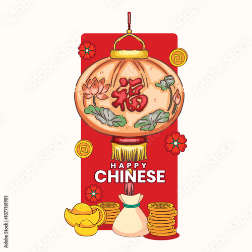 Traditional Chinese lantern with gold coins and Fu symbol for Lunar New Year.