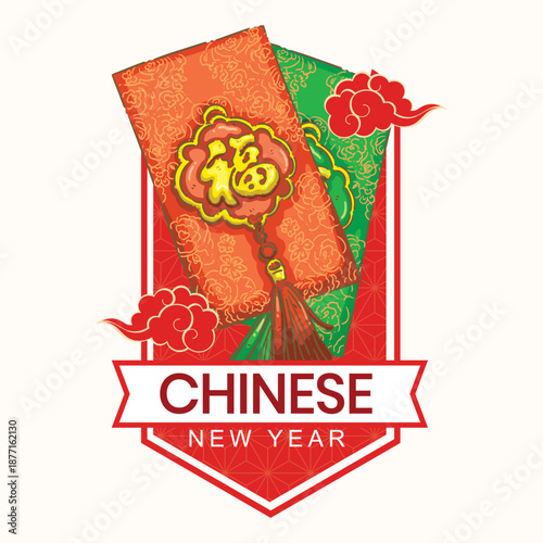 Chinese New Year red envelopes with gold "Fu" character and lucky clouds.