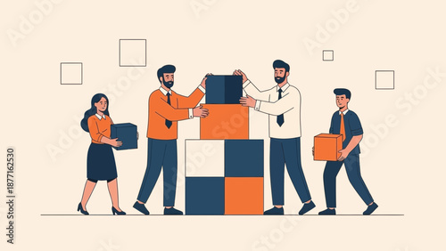 Teamwork building blocks, collaboration and success concept, flat illustration