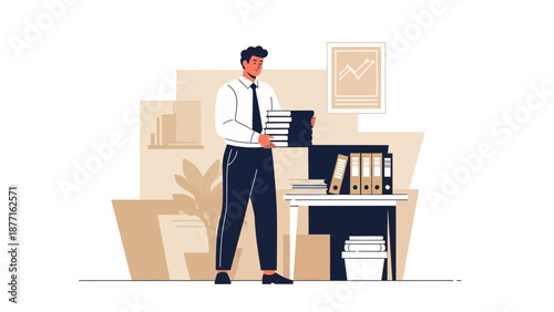 Man in Office Carrying Stack of Files, Organized Desk with Binders and Papers