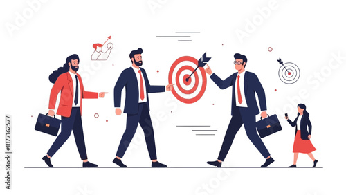 Business Team Achieving Goals with Arrow Hitting Target, Strategy and Success