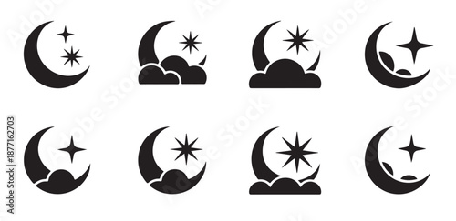 Eight stylized crescent moon and star icons often partially hidden behind clouds