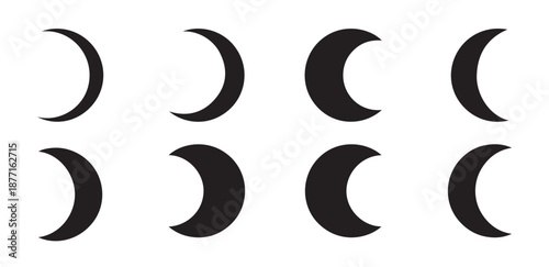 Eight simple crescent moon outlines showing different degrees of fullness for charting