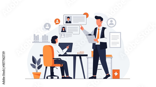 Teamwork in office, recruitment process, human resources meeting, HR manager and employee