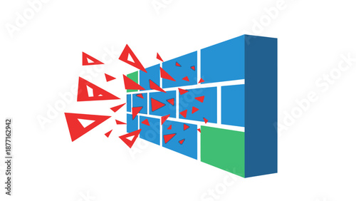 Cybersecurity Firewall Breaking Apart: Digital Barrier Shattering, Symbolizing Hacking, Data Breach, Overcoming Obstacles, and Disruptive Innovation.