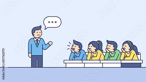 Presentation Failure: Speaker Faces a Bored, Skeptical, and Reactive Audience in a Meeting or Lecture. Flat Vector Illustration.
