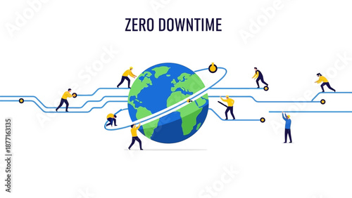 Zero Downtime Global Connectivity: Team of workers maintaining seamless network circuits around the Earth, symbolizing continuous service, stability, and reliable operation.