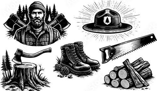 Lumberjack Illustration Vector Set, Logger Tools Boots Axe Forest Line Art