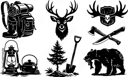 Vector forester and forest adventure set with tools, wildlife and camping gear, black and white illustration for outdoor design