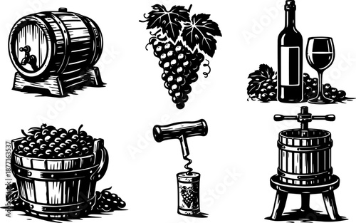 Winemaking Illustration Vector Set, Grapes Barrel Wine Press Vintage Line Art