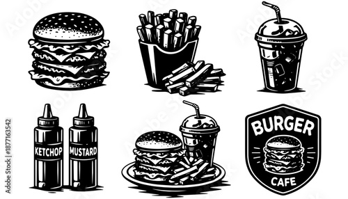 Vector set of burger cafe and fast food illustrations with fries, drinks and sauces, black and white line art for branding and menus