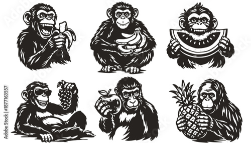 Vector set of funny monkey characters with food and emotions, black and white  illustration for branding, merch and digital design
