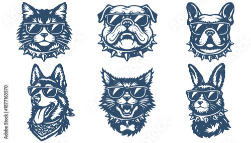 Vintage Engraving Pet Portraits Vector Set, Dog and Cat Heads, Detailed Line Art