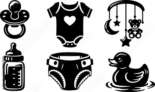 Baby Care Vector Icons Set, Newborn Accessories Pacifier Bottle Clothes Diaper  Illustration