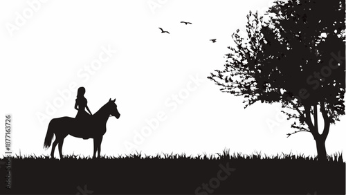 Woman riding horse in serene landscape with tree and flying birds