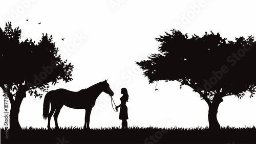 Silhouette of young girl standing with horse under trees