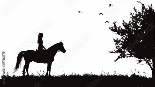 Woman riding horse in serene landscape with tree and flying birds