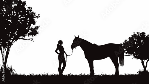 Woman standing confidently with horse in serene natural setting