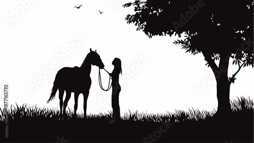 Serene woman bonding with horse in peaceful natural setting