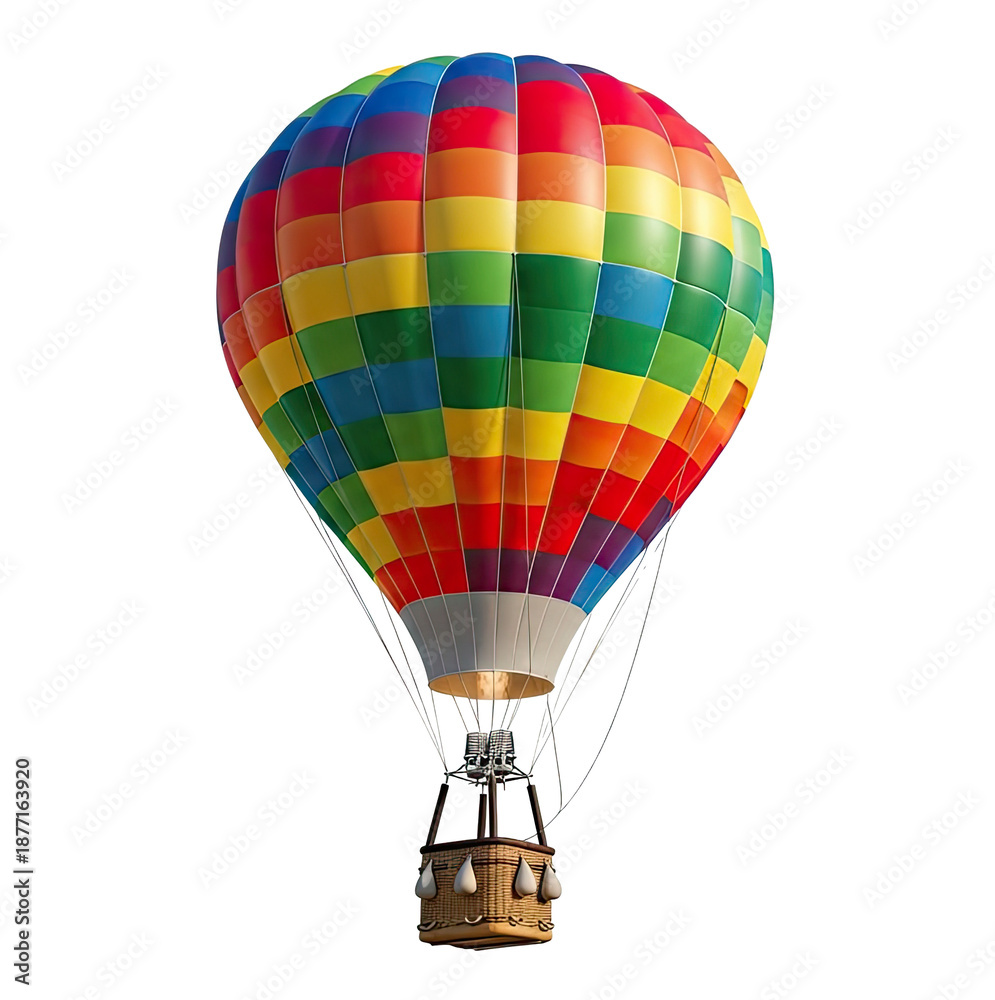 Fototapeta premium A colorful hot air balloon with a basket floating in the sky.