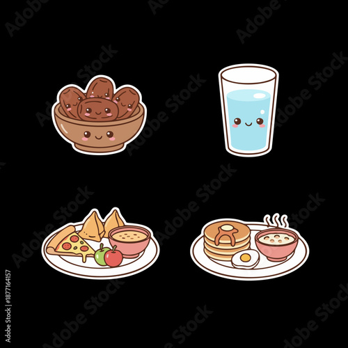 Kawaii style food collection for breaking fast or diverse mealtime spreads