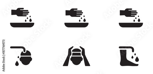 Washing hands feet and head icons set for ritual purification ablution steps
