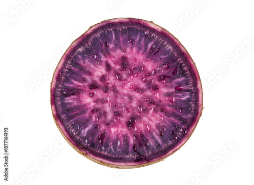 Close up of a halved purple sweet potato against a transparent background