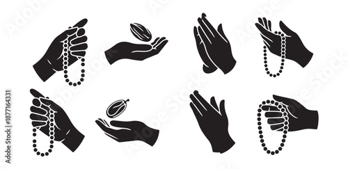 Human hands in prayer gestures holding rosary beads and dates for religious ritual concepts