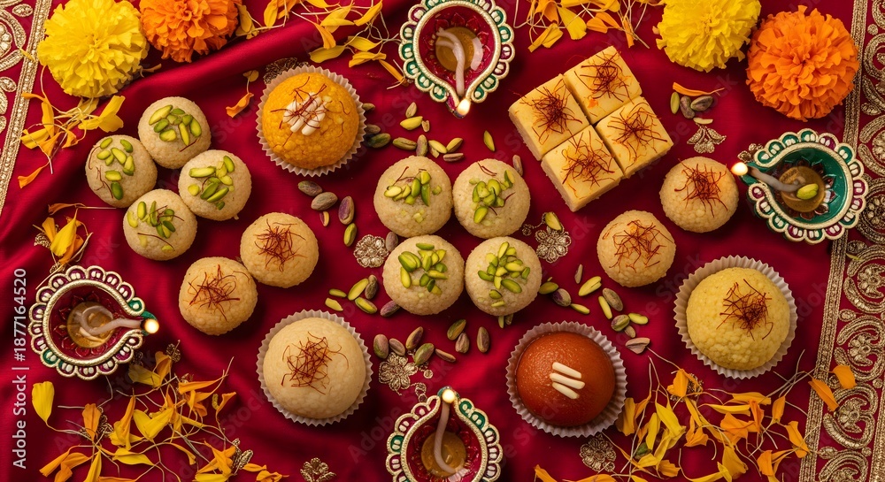 Fototapeta premium Indian Festive Sweets Diwali Traditional Mithai Celebration Flatlay