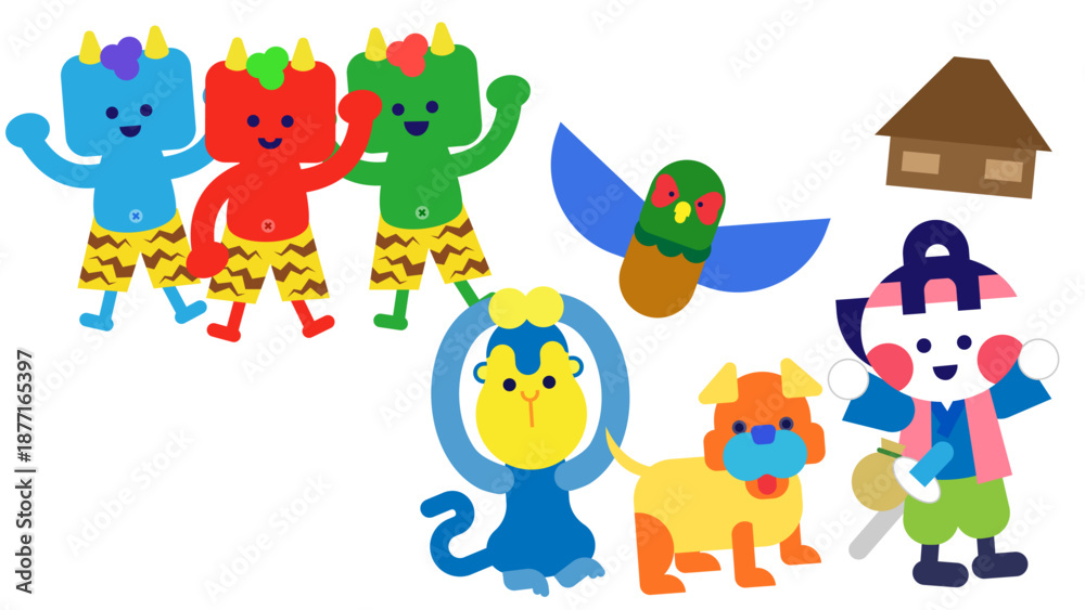 Obraz premium 鬼退治を終えて家に帰る桃太郎と仲間たちの日本昔話イラスト