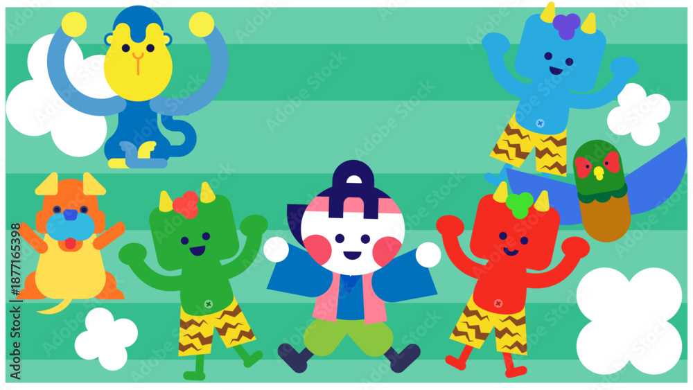 Fototapeta premium 桃太郎と仲間・鬼がそろって踊るハッピーエンドの日本昔話イラスト