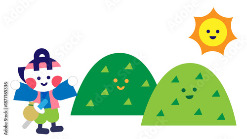 鬼ヶ島へ向かう桃太郎を描いた日本昔話のかわいいイラスト