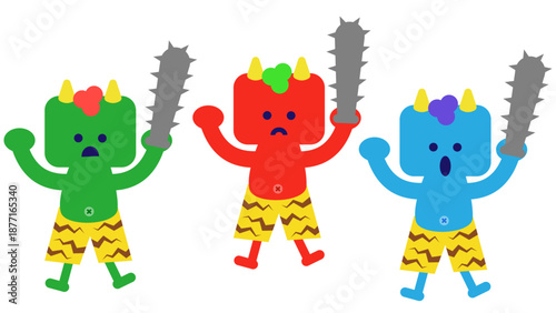 金棒を持った鬼たちを並べた日本昔話のかわいいイラスト素材
